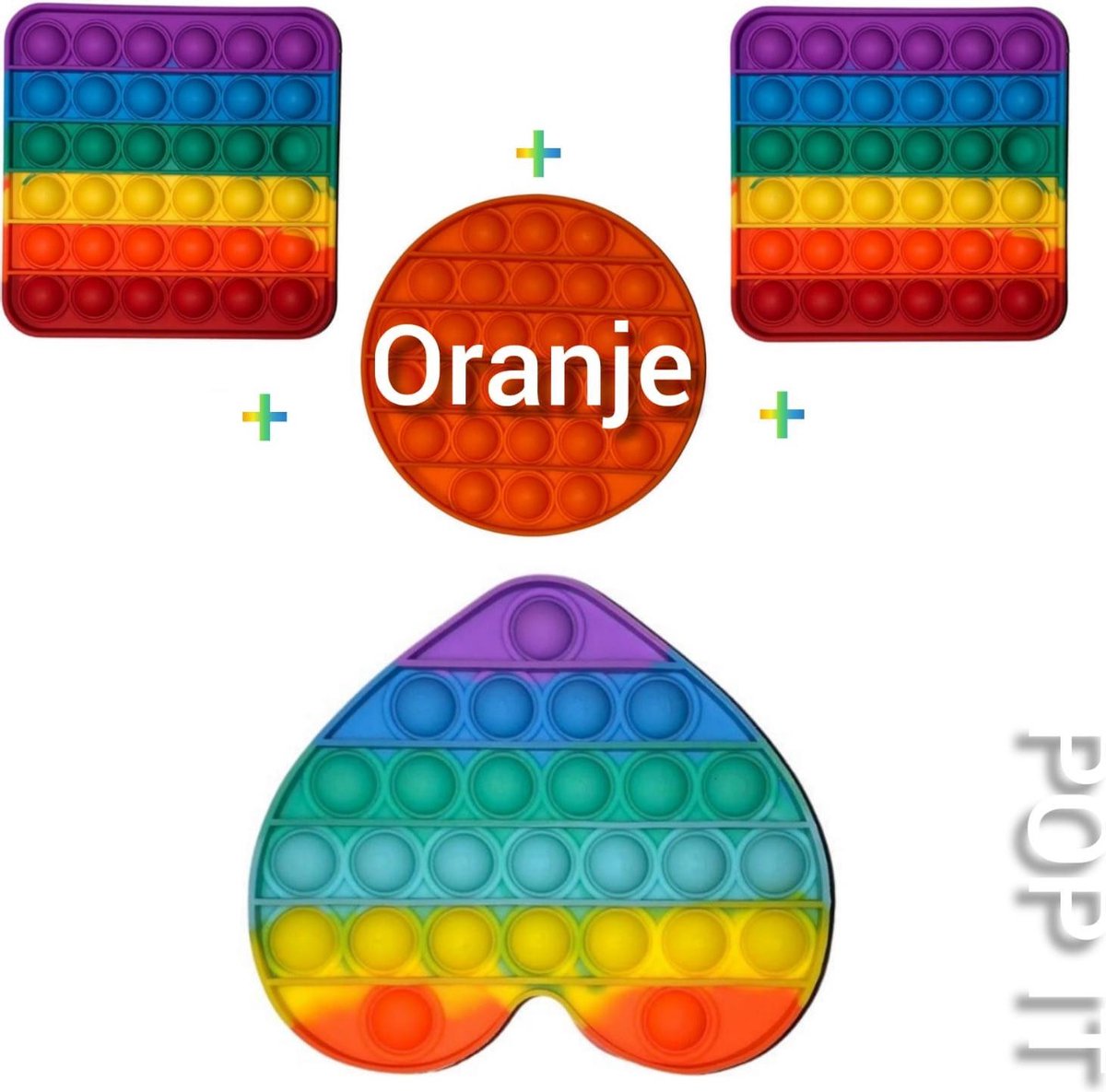 Pop It | Fidget toys | Pakket van 4 stuks | 2 x Regenboog vierkant + Oranje rond + Rainbow hartje | Speelgoed meisjes + jongens + volwassen | Pop It | Fidget toy